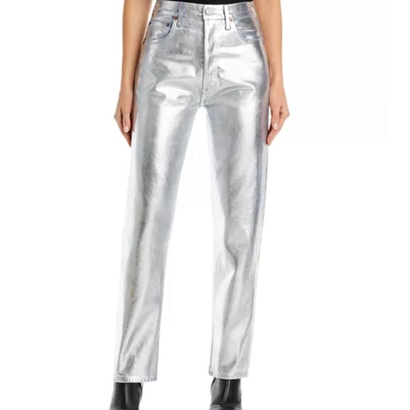 Agolde tinfoil metallic silver high rise jeans button fly pinch waist 25 - Picture 2 of 10